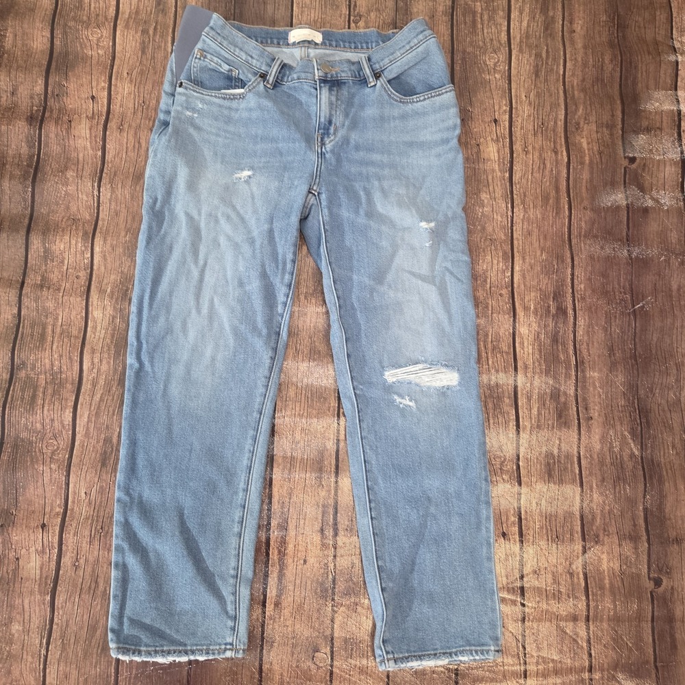 Hatch Boyfriend Jeans Women 26 Blue Distressed Side Panel Wedges Edgy Casual